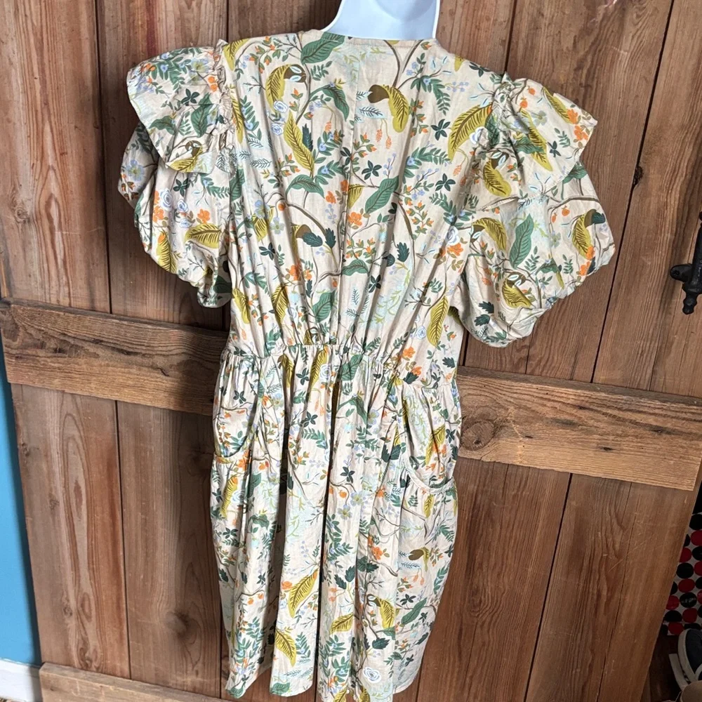 entro Cream Floral Tie-Front Midi Dress with Green and Yellow Print - Picture 5 of 7